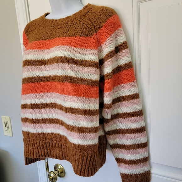Lumiere Brown Pink Striped Fuzzy Sweater Long Sleeve Wool Blend Cozy Size XS - Picture 2 of 7